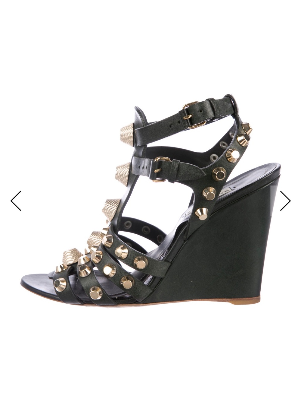 Balenciaga Olive Green Studded Wedge Sandals - Picture 2 of 12